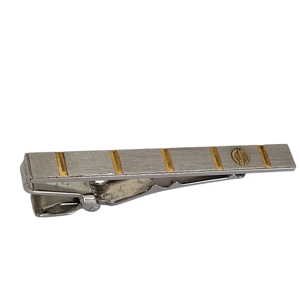 Dunhill Vintage Tie Clip Silver Gold Tone Brushed Metal Logo Bar Mens Accessory